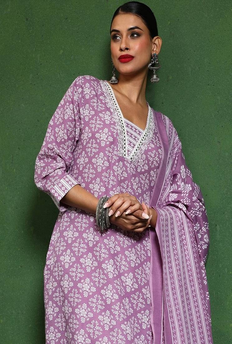 Floral embroidered cotton v neck kurta trouser & dupatta set