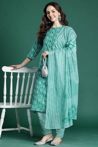 Floral Printed Cotton Kurta with Trousers & Dupatta