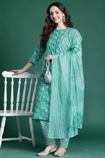 Floral Printed Cotton Kurta with Trousers & Dupatta
