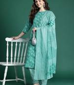 Floral Printed Cotton Kurta with Trousers & Dupatta