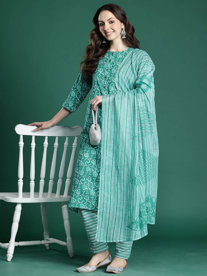 Floral Printed Cotton Kurta with Trousers & Dupatta