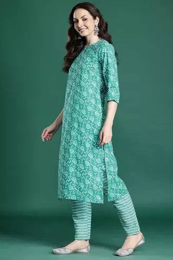 Floral Printed Cotton Kurta with Trousers & Dupatta