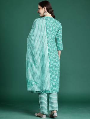 Floral Printed Cotton Kurta with Trousers & Dupatta 6