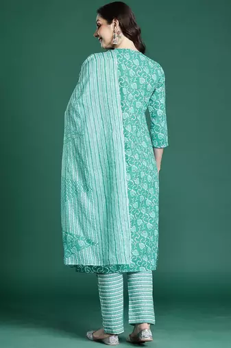 Floral Printed Cotton Kurta with Trousers & Dupatta