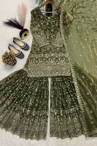Green Color Sequence Embroidery Work Silk Blend Salwar Suit