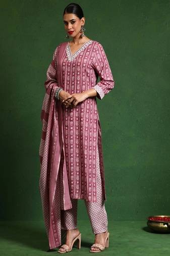Floral printed cotton v neck kurta trouser & dupatta set