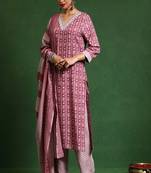 Floral printed cotton v neck kurta trouser & dupatta set