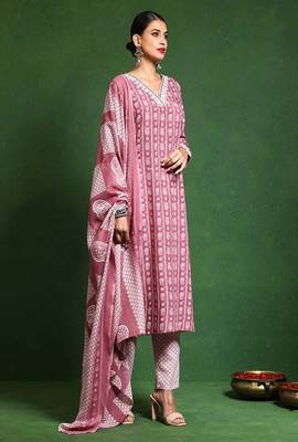 Floral printed cotton v neck kurta trouser & dupatta set 2