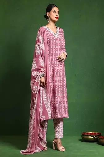 Floral printed cotton v neck kurta trouser & dupatta set