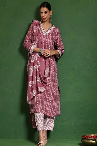 Floral printed cotton v neck kurta trouser & dupatta set