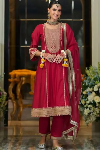 Women Ethnic Motifs Embroidered Zari A-Line Kurta with Trousers & Dupatta