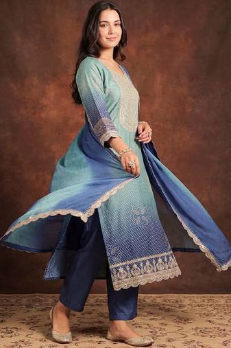Women Bandhani Printed Sequinned Kurta with Trousers & With Dupatta