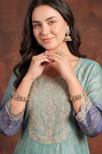 Women Bandhani Printed Sequinned Kurta with Trousers & With Dupatta