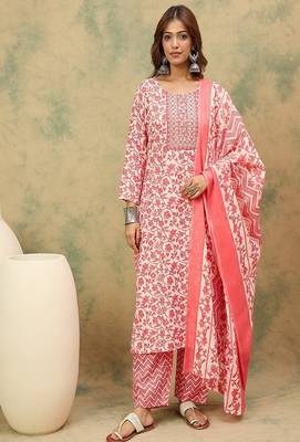 Floral printed cotton round neck kurta trouser & dupatta set 1