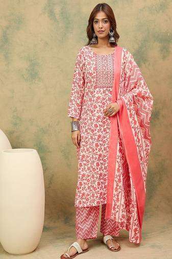 Floral printed cotton round neck kurta trouser & dupatta set