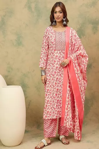 Floral printed cotton round neck kurta trouser & dupatta set
