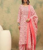 Floral printed cotton round neck kurta trouser & dupatta set