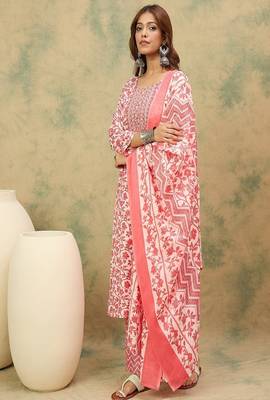 Floral printed cotton round neck kurta trouser & dupatta set 2
