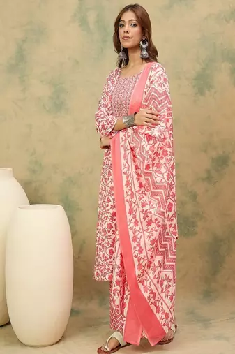 Floral printed cotton round neck kurta trouser & dupatta set