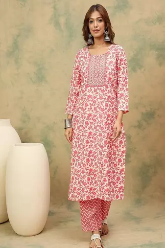 Floral printed cotton round neck kurta trouser & dupatta set
