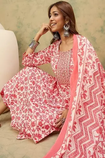 Floral printed cotton round neck kurta trouser & dupatta set