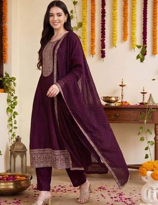 Women Ethnic Motifs Embroidered Thread Work Kurta with Trousers & With Dupatta 1