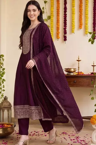 Women Ethnic Motifs Embroidered Thread Work Kurta with Trousers & With Dupatta