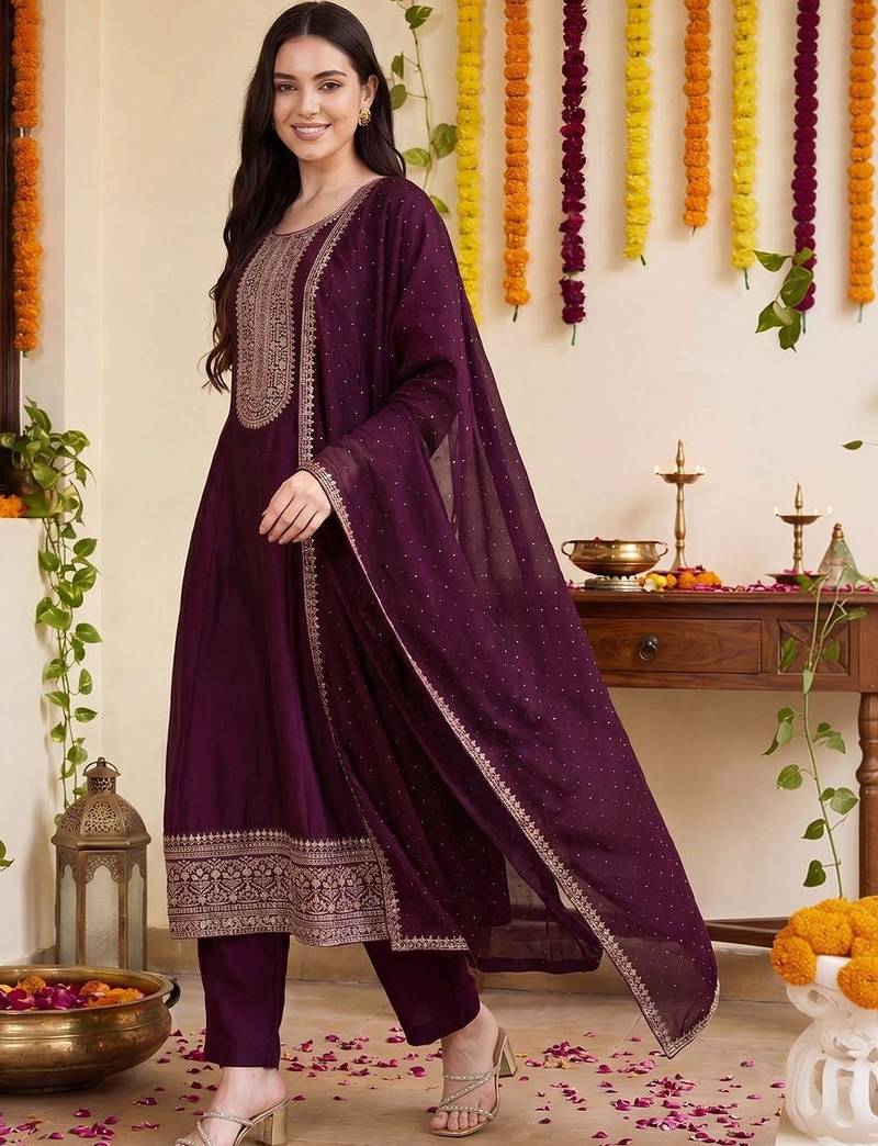 Women Ethnic Motifs Embroidered Thread Work Kurta with Trousers & With Dupatta