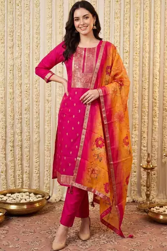 Women Ethnic Motifs Embroidered Kurta with Trousers & With Dupatta