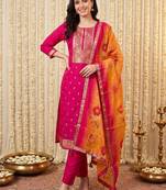 Women Ethnic Motifs Embroidered Kurta with Trousers & With Dupatta