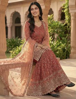 Orange Color Sequence Embroidery Work Silk Blend Salwar Suit 1