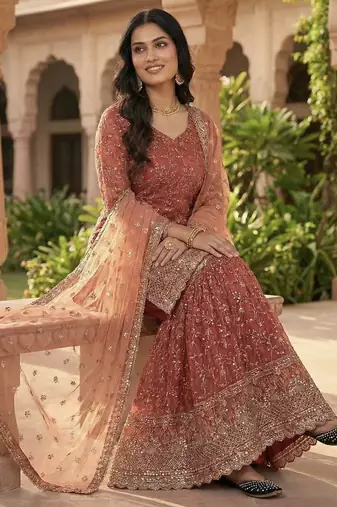Orange Color Sequence Embroidery Work Silk Blend Salwar Suit