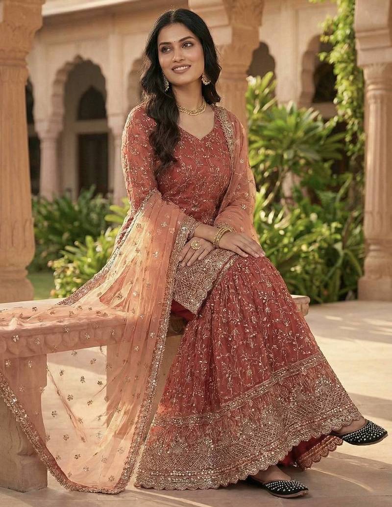 Orange Color Sequence Embroidery Work Silk Blend Salwar Suit