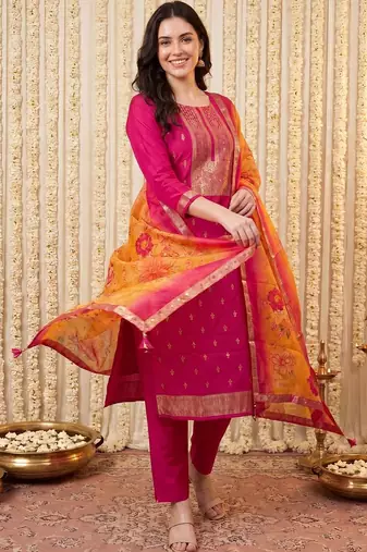 Women Ethnic Motifs Embroidered Kurta with Trousers & With Dupatta