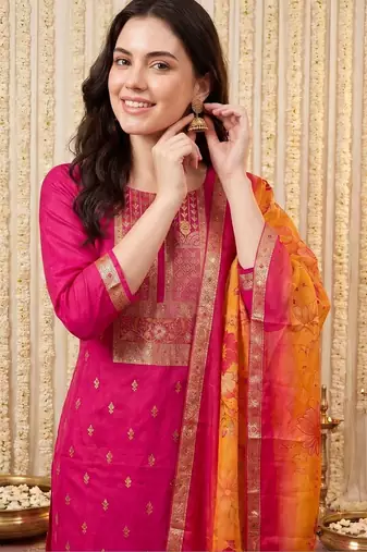 Women Ethnic Motifs Embroidered Kurta with Trousers & With Dupatta