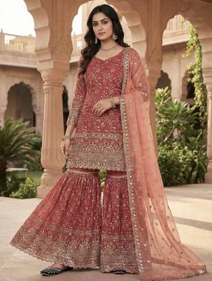 Orange Color Sequence Embroidery Work Silk Blend Salwar Suit 2