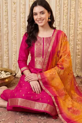 Women Ethnic Motifs Embroidered Kurta with Trousers & With Dupatta