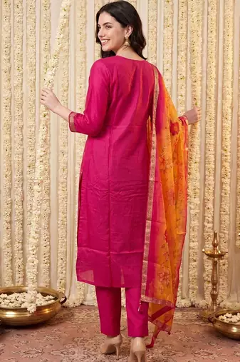 Women Ethnic Motifs Embroidered Kurta with Trousers & With Dupatta