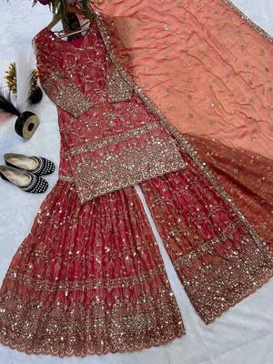 Orange Color Sequence Embroidery Work Silk Blend Salwar Suit 4