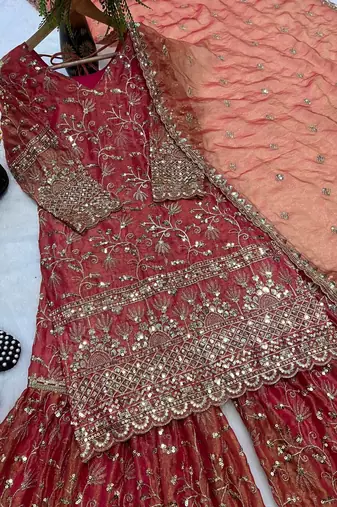 Orange Color Sequence Embroidery Work Silk Blend Salwar Suit