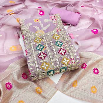 lavender gota embroidery chanderi jacquard unstitched dress material  1