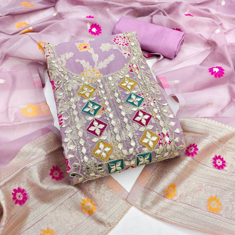 lavender gota embroidery chanderi jacquard unstitched dress material 