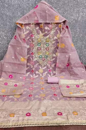 lavender gota embroidery chanderi jacquard unstitched dress material 