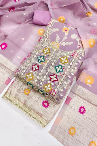 lavender gota embroidery chanderi jacquard unstitched dress material 