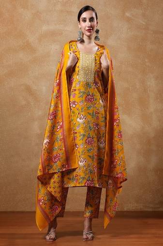 Floral printed cotton round neck kurta trouser & dupatta set