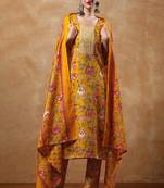 Floral printed cotton round neck kurta trouser & dupatta set