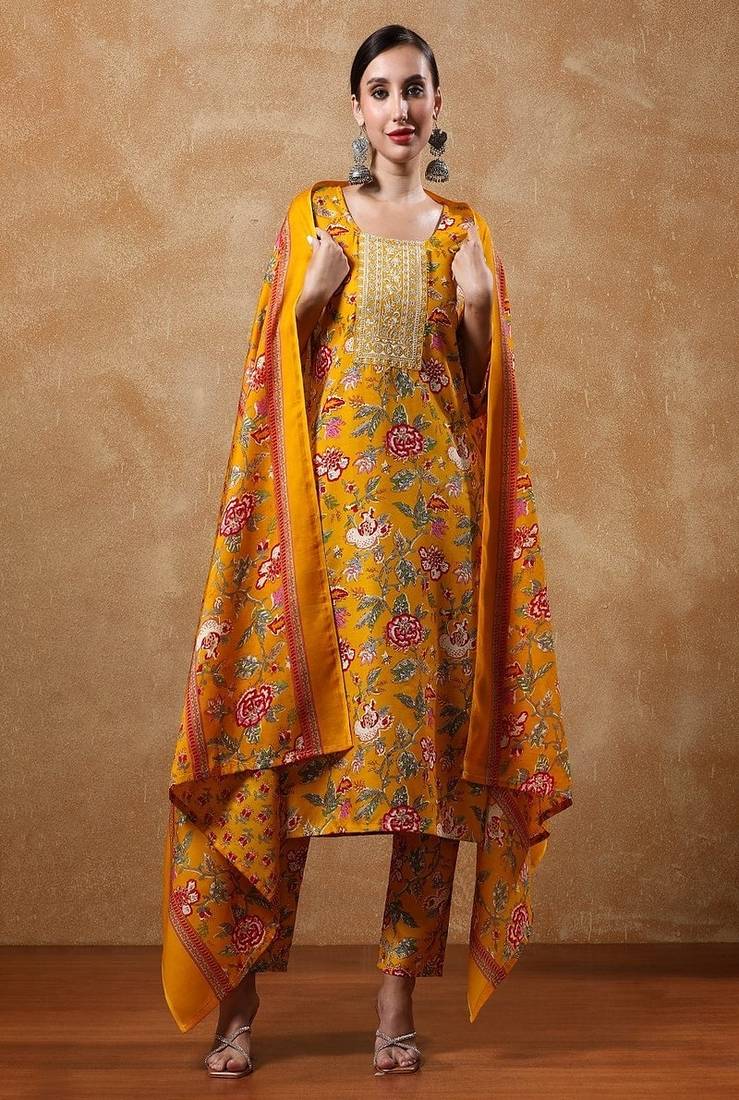 Floral printed cotton round neck kurta trouser & dupatta set