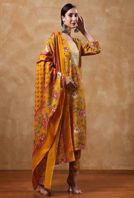 Floral printed cotton round neck kurta trouser & dupatta set 2