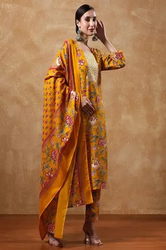 Floral printed cotton round neck kurta trouser & dupatta set