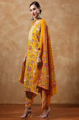 Floral printed cotton round neck kurta trouser & dupatta set